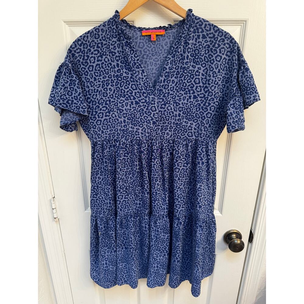 Vilagallo Blue Leopard V-Neck Short Sleeved Dress Size XS 36 Ruffle Hem Breezy